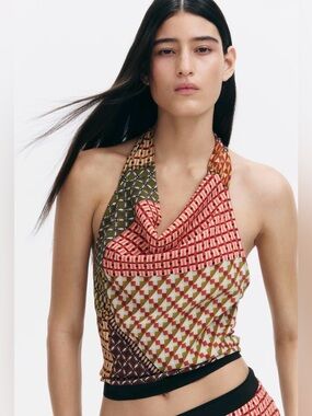 H&M Geometric Print Halter Crop Top in Olive & Terracotta size M & XS NWT